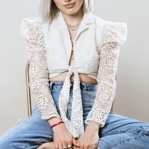 Lovers and Friends Ivory Embroidered Top with Front Tie Closure